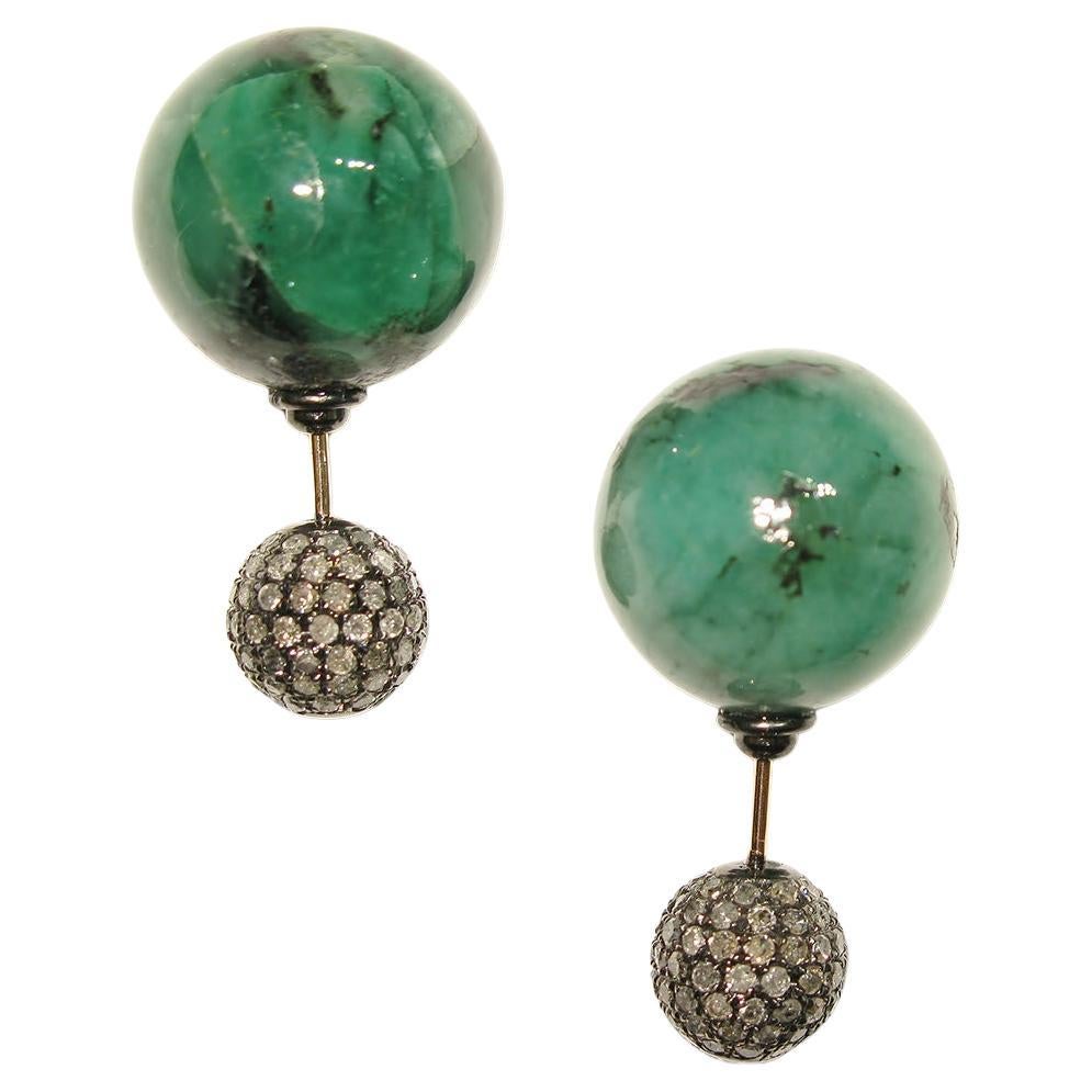 Emerald & Pave Diamond Ball Tunnel Earrings Made in 14k Gold & Silver For Sale