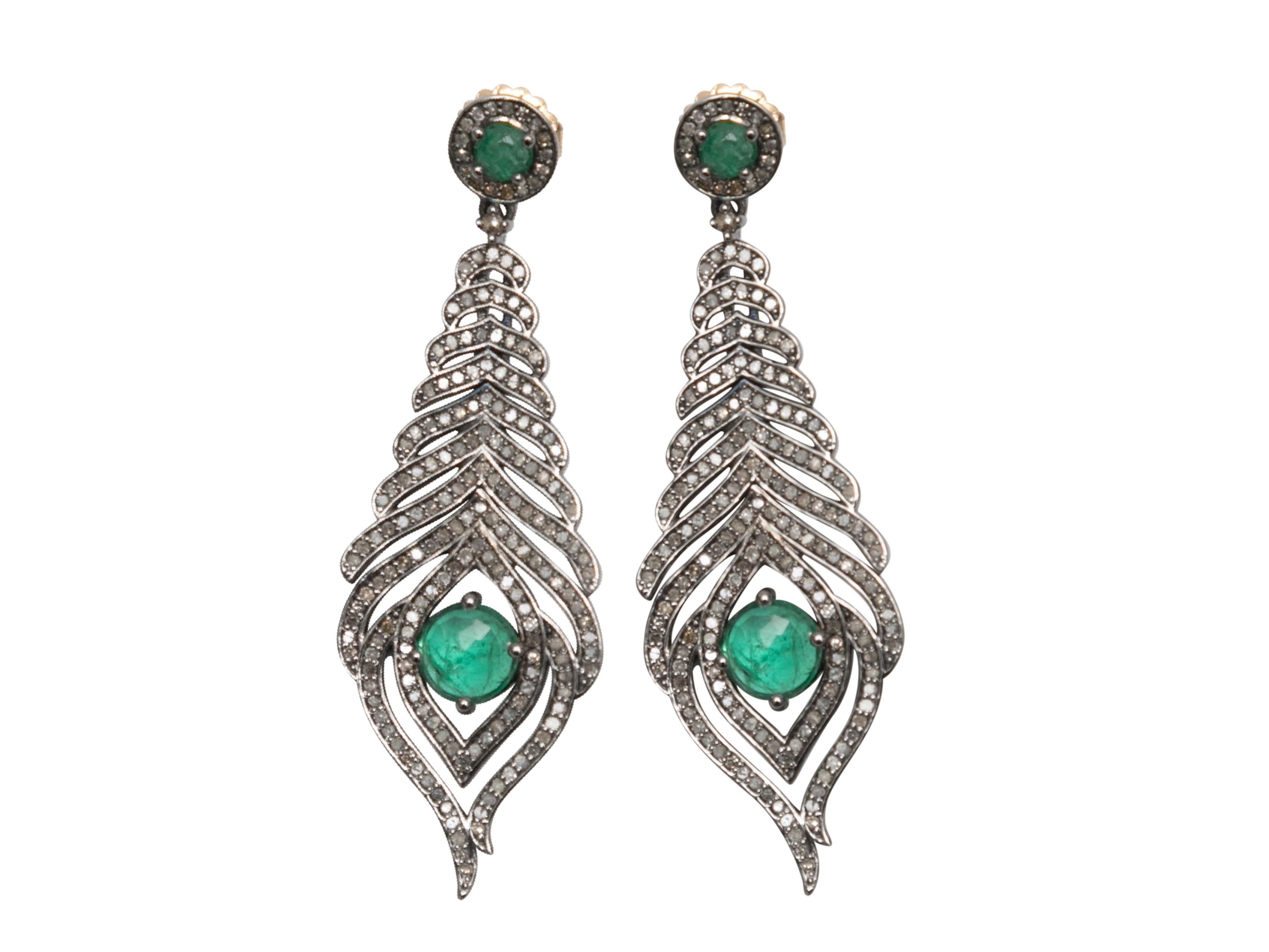 Emerald & Pave Diamond Bavna Drop Pierced Earrings In Good Condition For Sale In New York, NY
