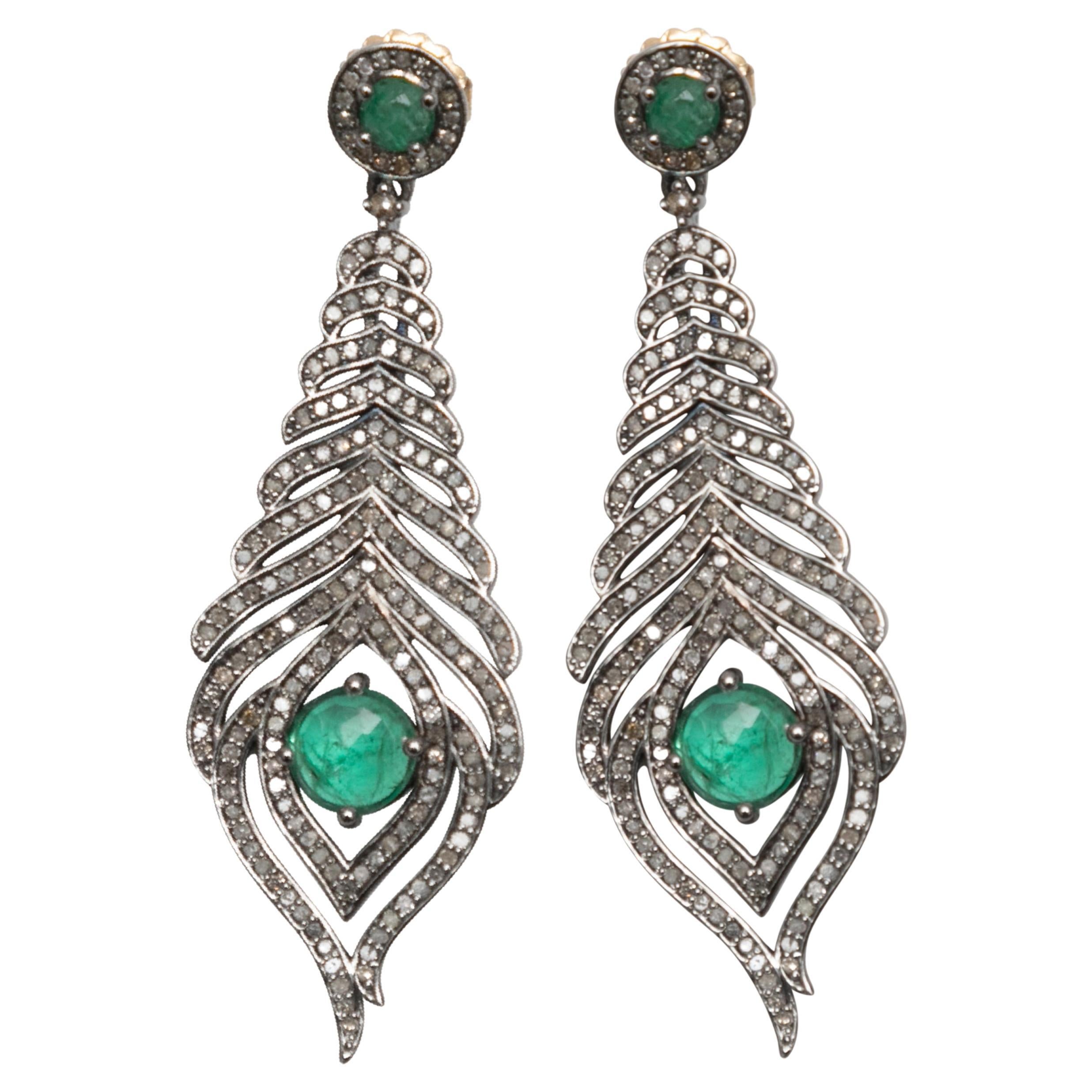 Emerald & Pave Diamond Bavna Drop Pierced Earrings