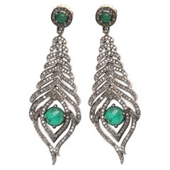 Emerald & Pave Diamond Bavna Drop Pierced Earrings