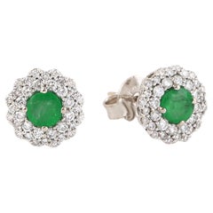 Emerald & Pave Diamond Minimal Stud Earrings Made In 14k White Gold