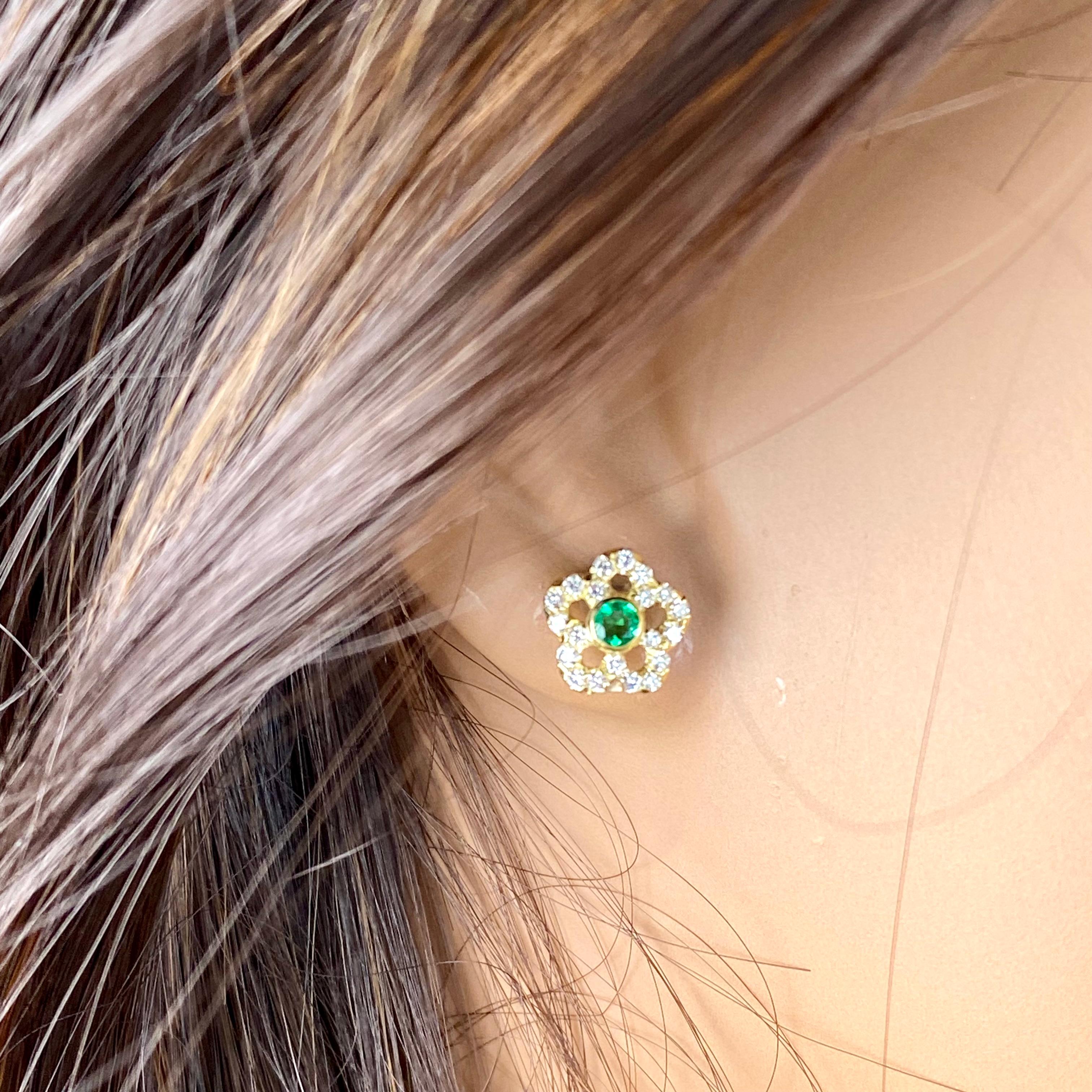 Round Cut Emerald Pave Diamonds 1.50 Carat Floral 14 Karat Yellow Gold Earrings For Sale