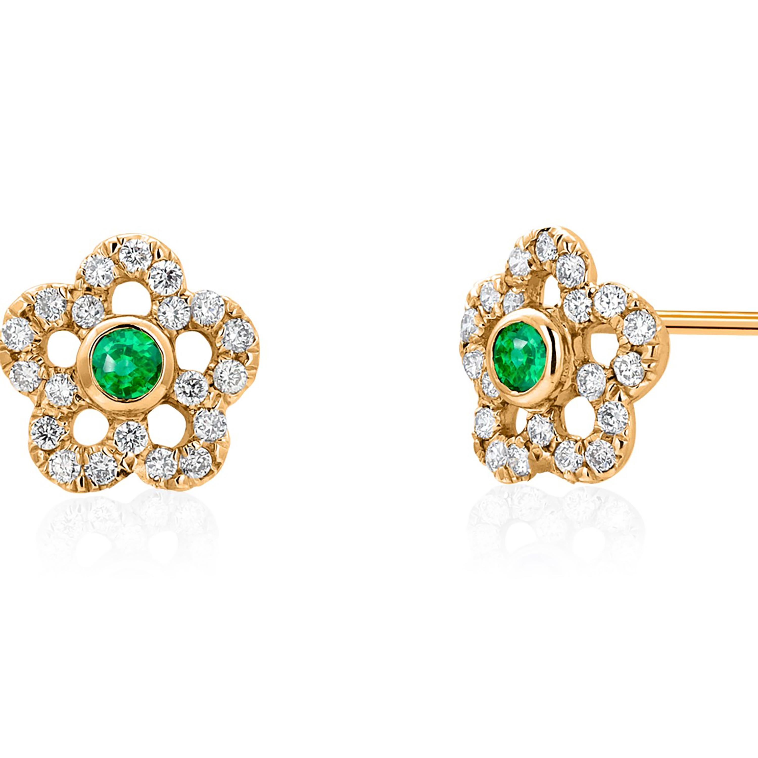 Emerald Pave Diamonds 1.50 Carat Floral 14 Karat Yellow Gold Earrings For Sale 2