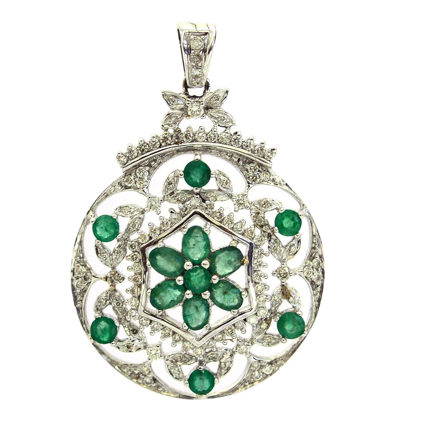 Artisan Emerald and Pave Set of Diamonds Pendant Made in 18k White Gold For Sale