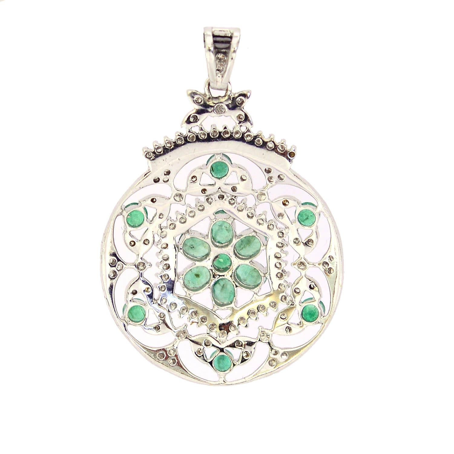 Mixed Cut Emerald and Pave Set of Diamonds Pendant Made in 18k White Gold For Sale