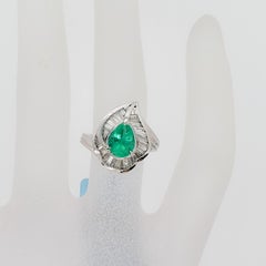 Emerald Pear and White Diamond Baguette Ring in Platinum