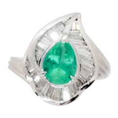 Emerald Pear and White Diamond Baguette Ring in Platinum