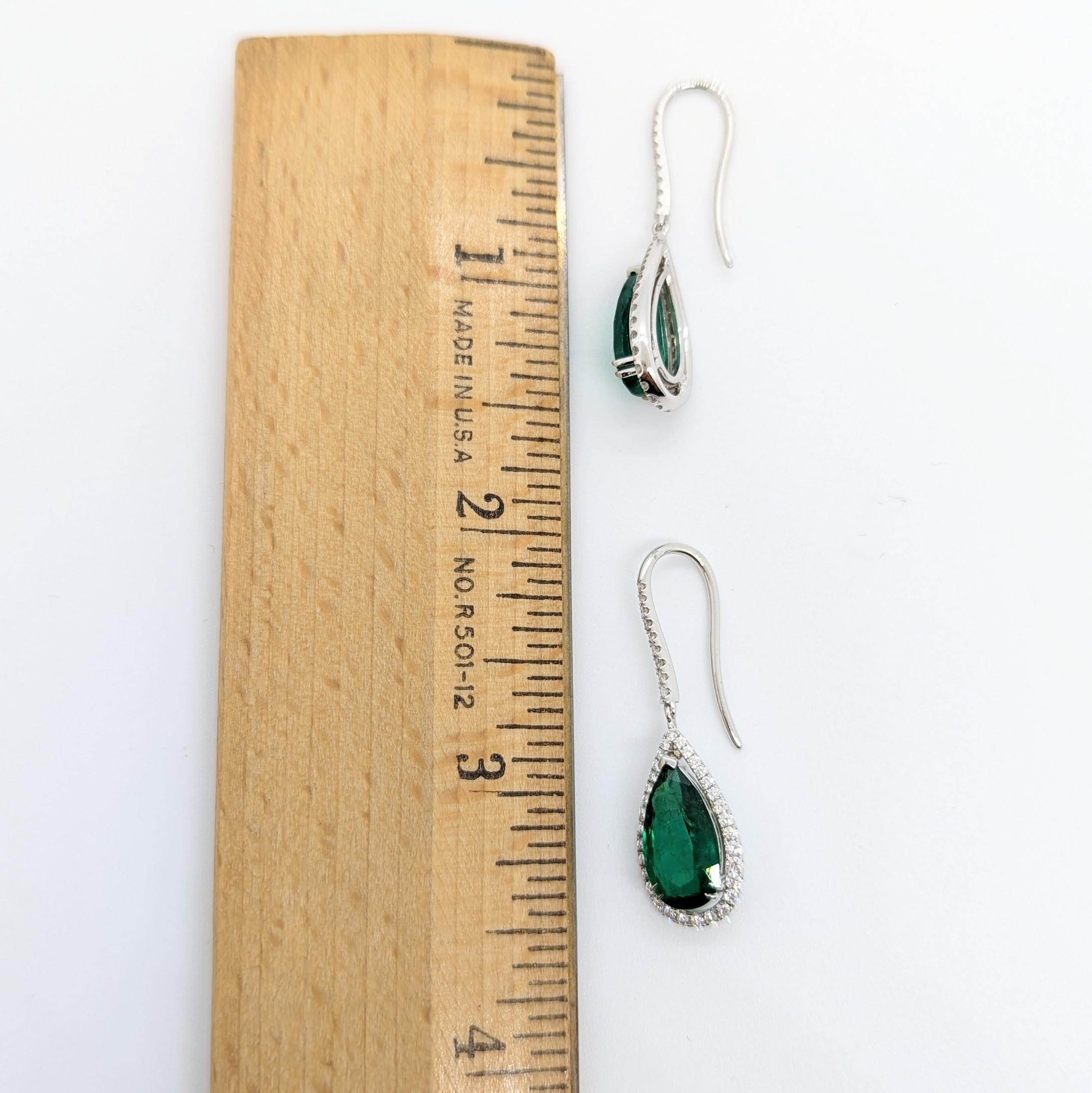 Pear Cut Emerald Pear and White Diamond Dangle Earrings in 18K White Gold For Sale