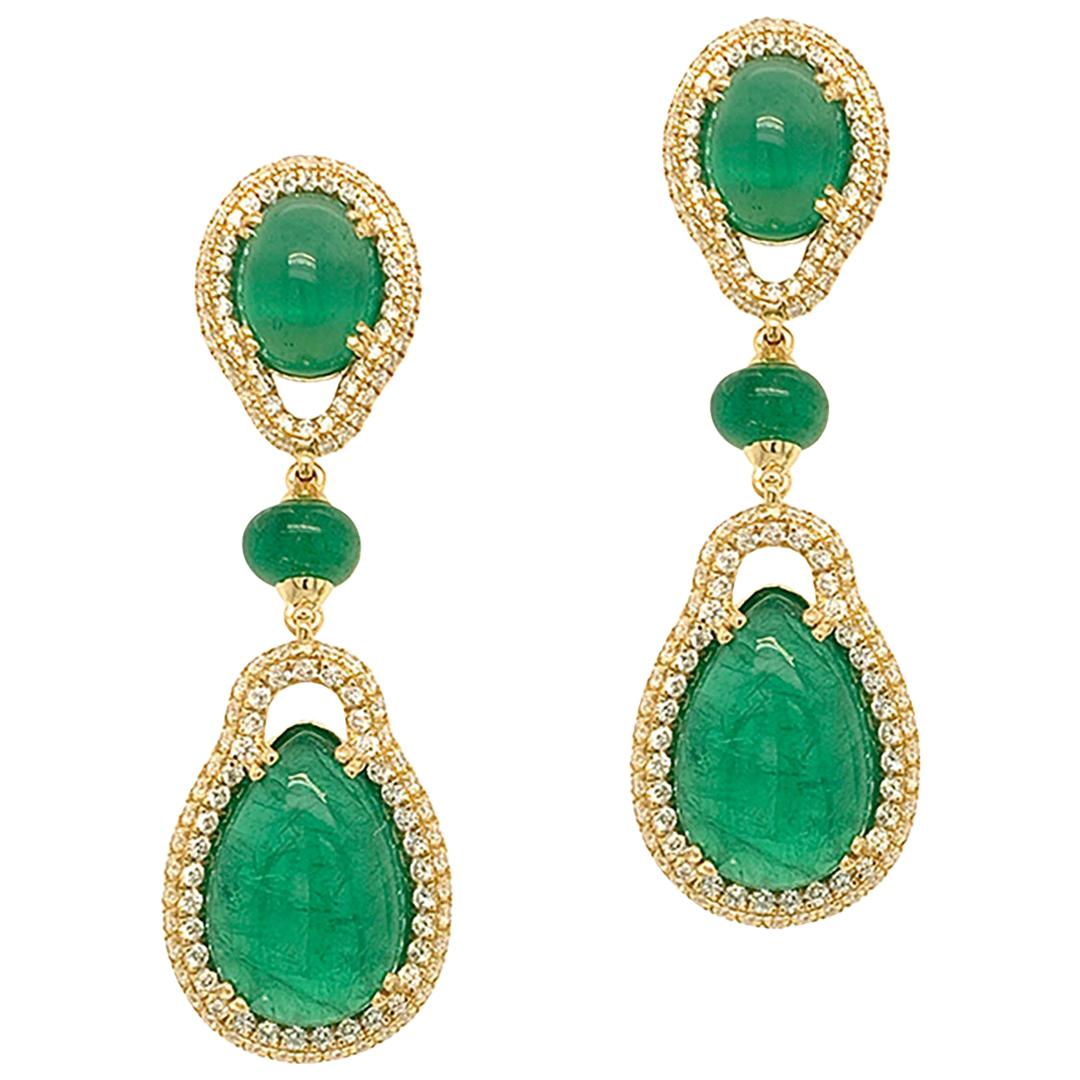 Goshwara Pear Cabs and Emerald Round Beads With Diamond Earrings For Sale