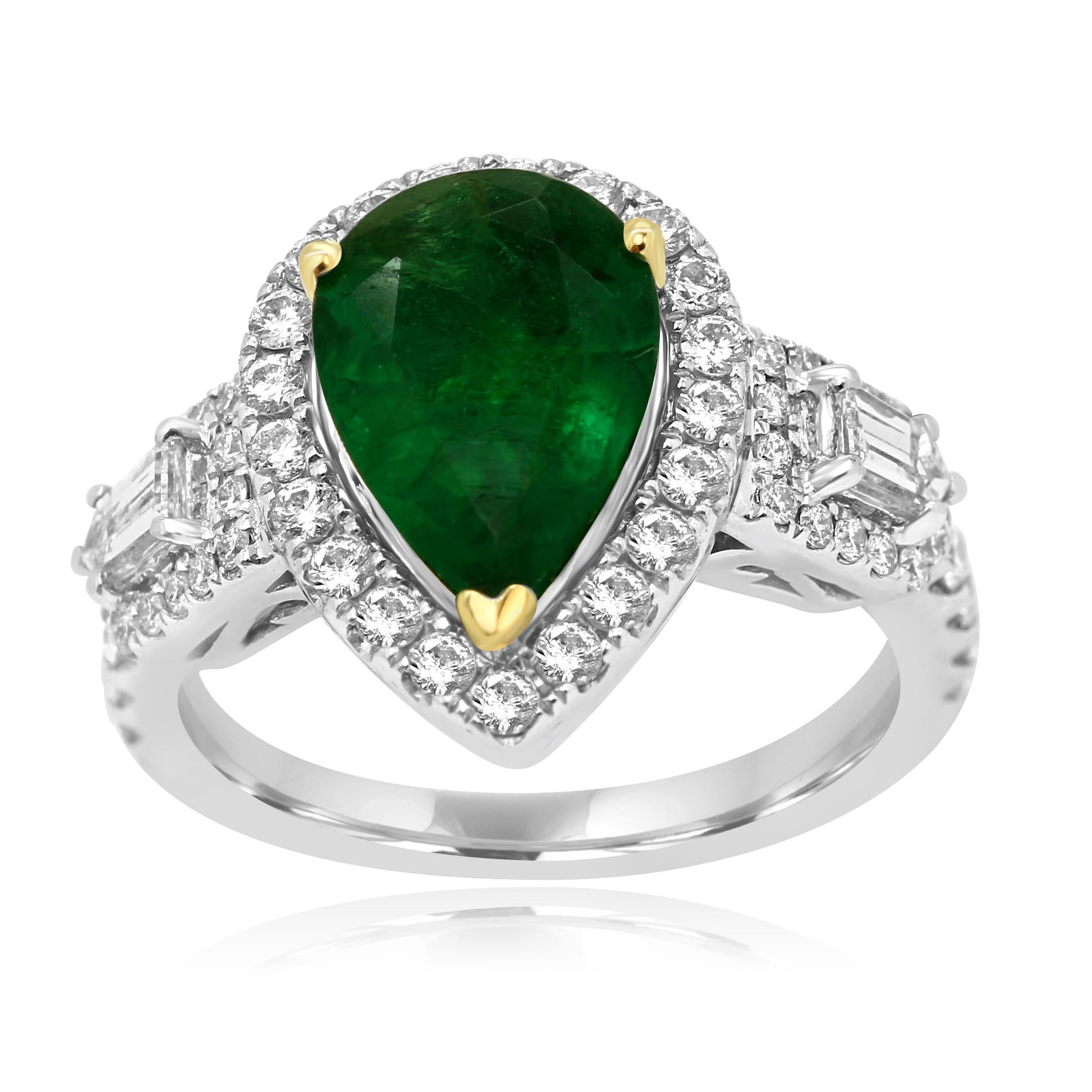 Contemporary Emerald Pear Diamond Halo Three-Stone Two Color Gold Fashion Bridal Ring