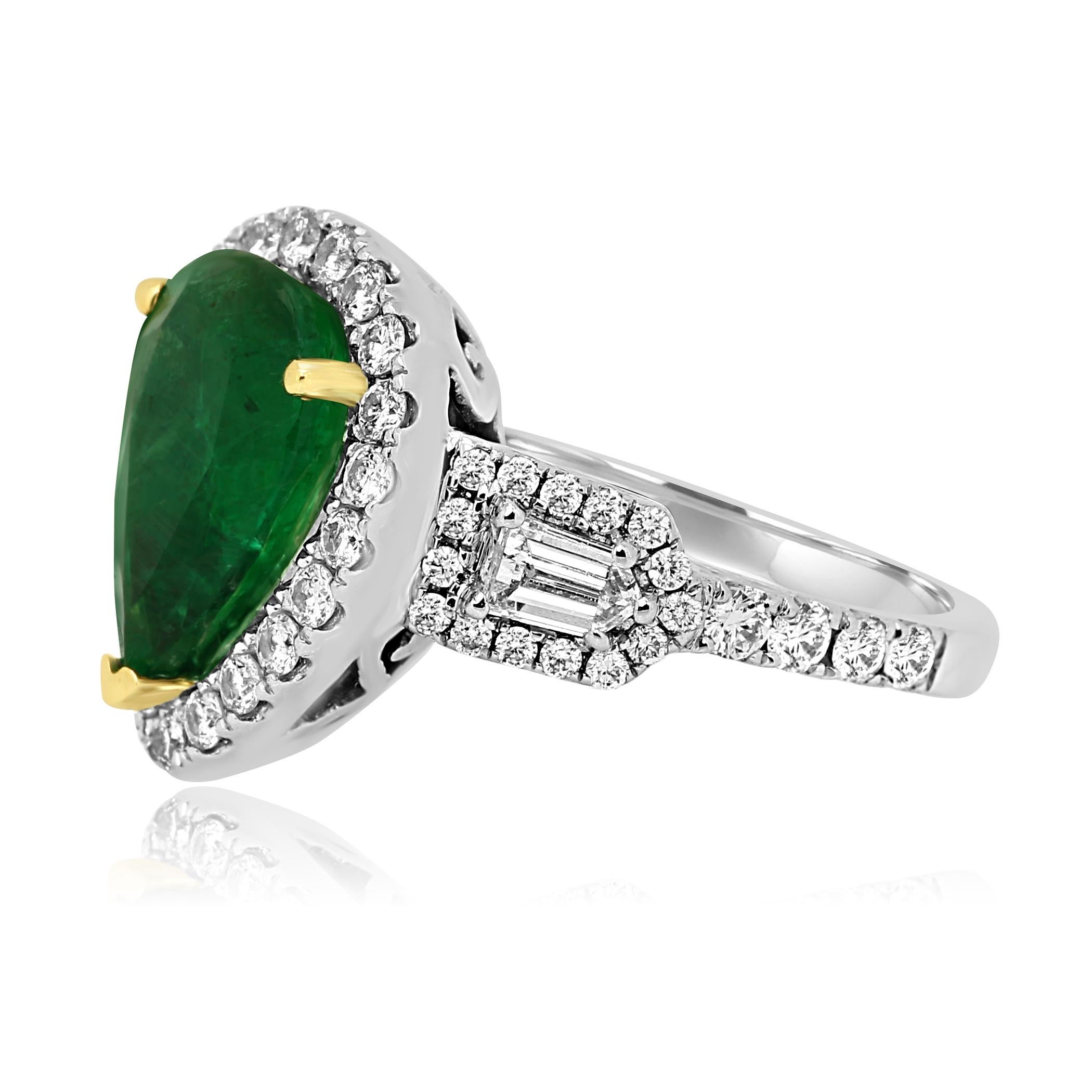 Pear Cut Emerald Pear Diamond Halo Three-Stone Two Color Gold Fashion Bridal Ring