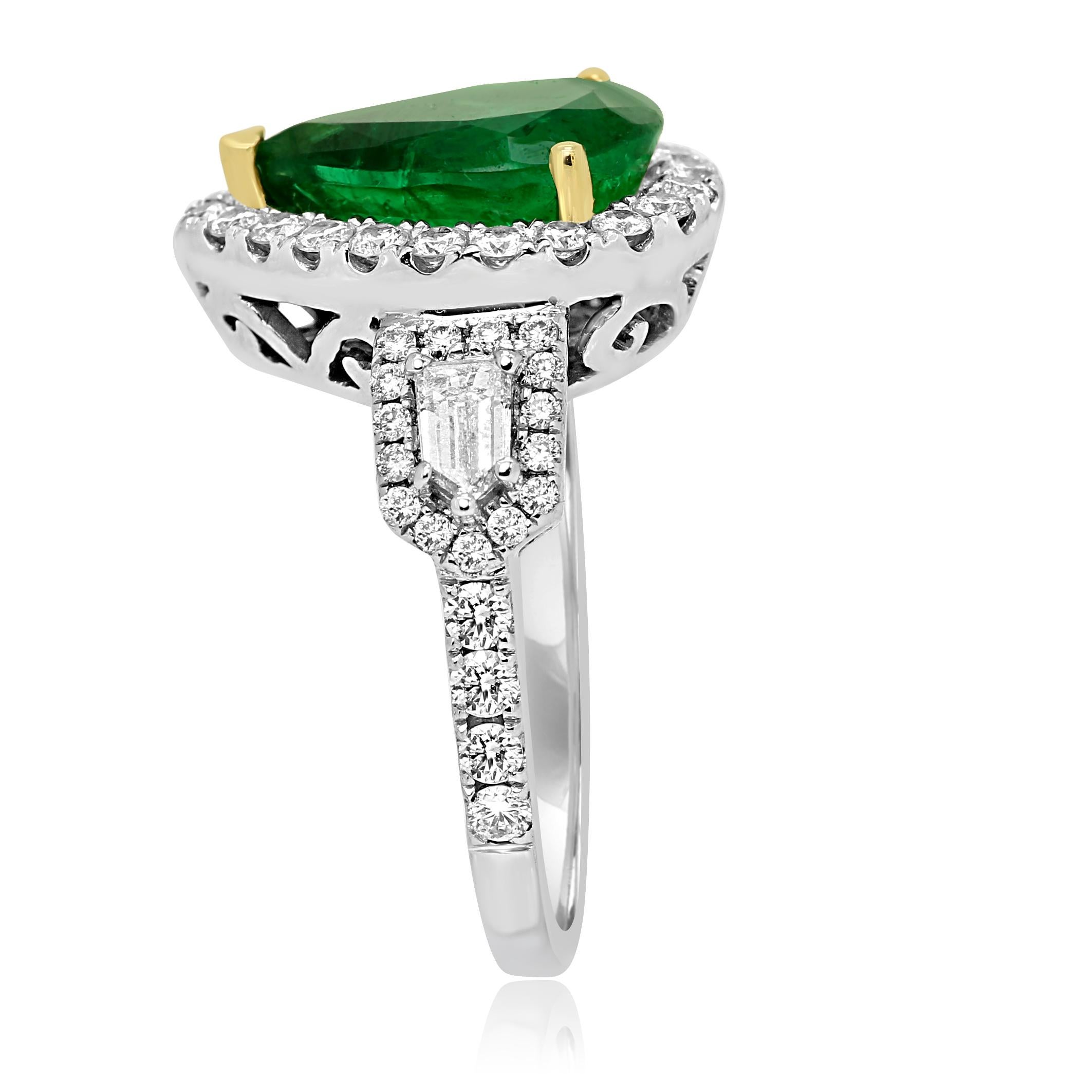 Emerald Pear Diamond Halo Three-Stone Two Color Gold Fashion Bridal Ring In New Condition In NEW YORK, NY
