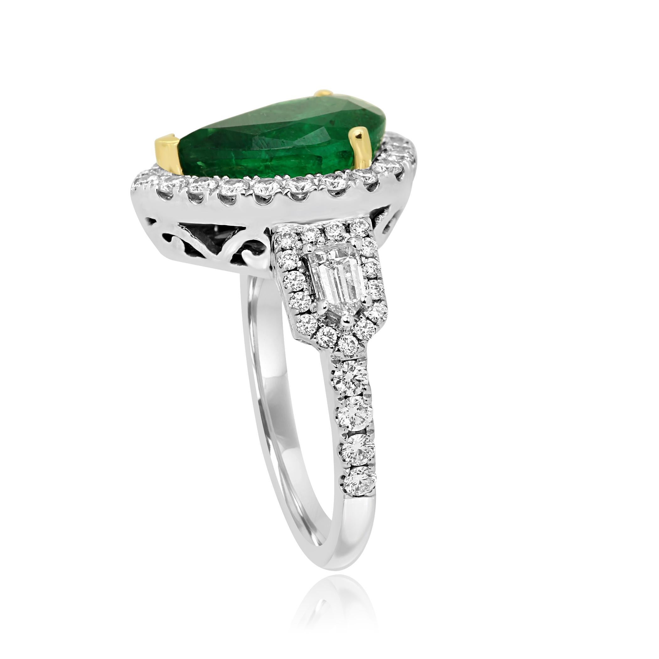 Women's or Men's Emerald Pear Diamond Halo Three-Stone Two Color Gold Fashion Bridal Ring