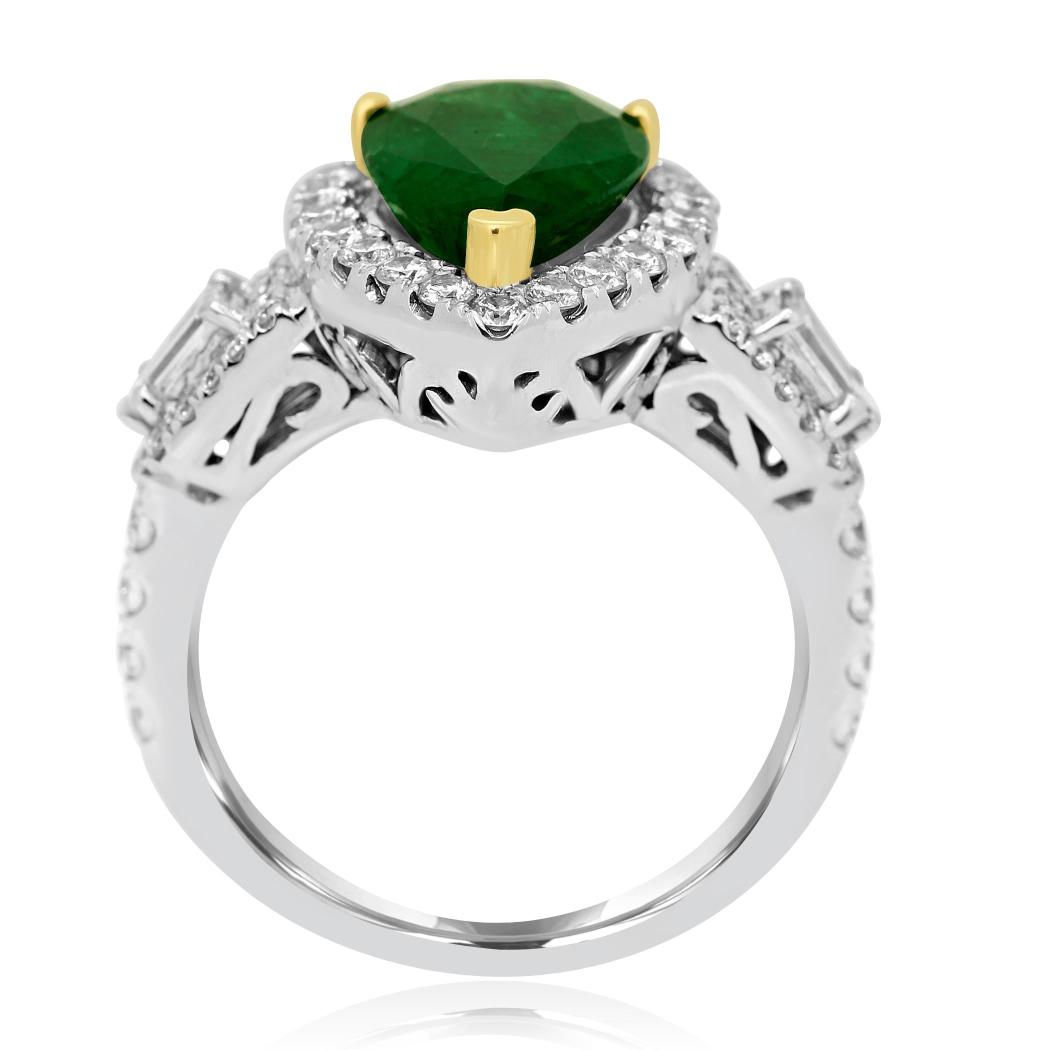 Emerald Pear Diamond Halo Three-Stone Two Color Gold Fashion Bridal Ring 1