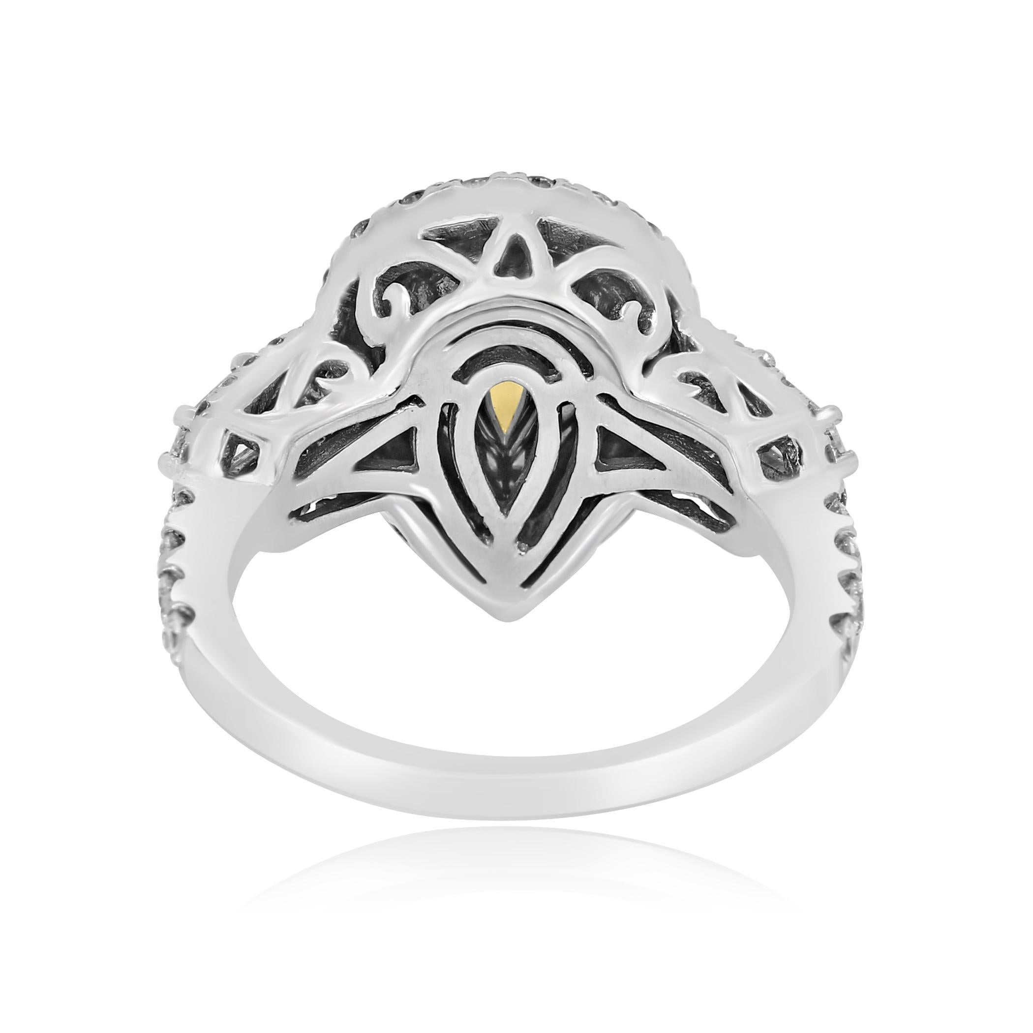 Emerald Pear Diamond Halo Three-Stone Two Color Gold Fashion Bridal Ring 2