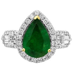 Emerald Pear Diamond Halo Three-Stone Two Color Gold Fashion Bridal Ring