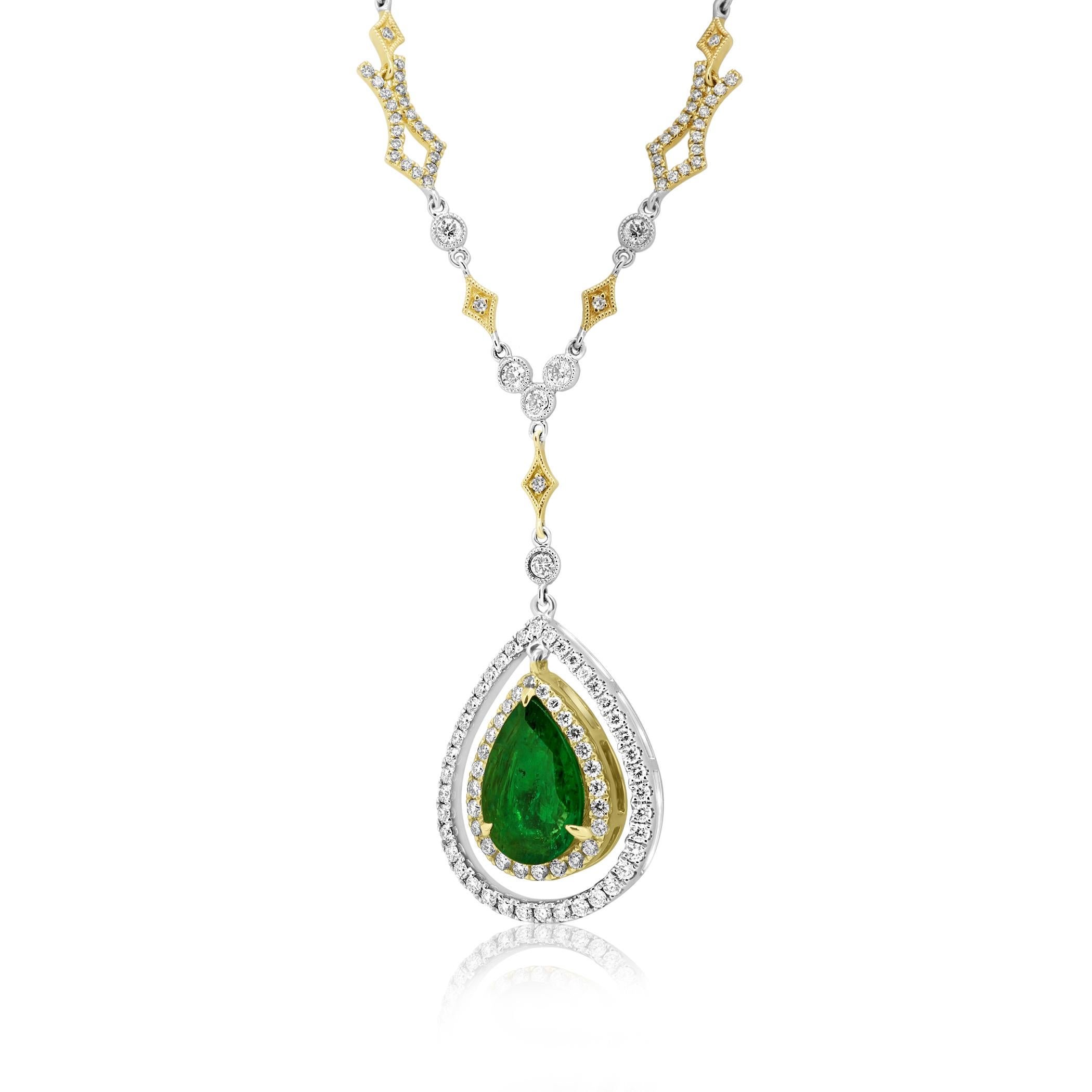 Stunning Emerald Pear Shape 2.60 Carat Encircled in a Double Halo of White G-H Color VS-SI Diamond 1.75 Carat in 14K White and Yellow Gold Drop Pendant Necklace with Diamond by Yard Chain. Total Weight 4.35 Carat

Style available in different price
