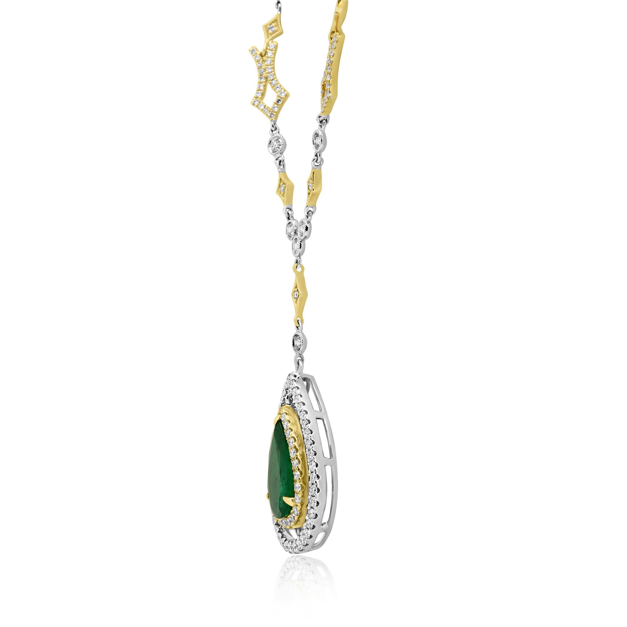 Modern Emerald Pear Diamond Halo Two-Color Gold Drop Pendant Diamond by Yard Necklace