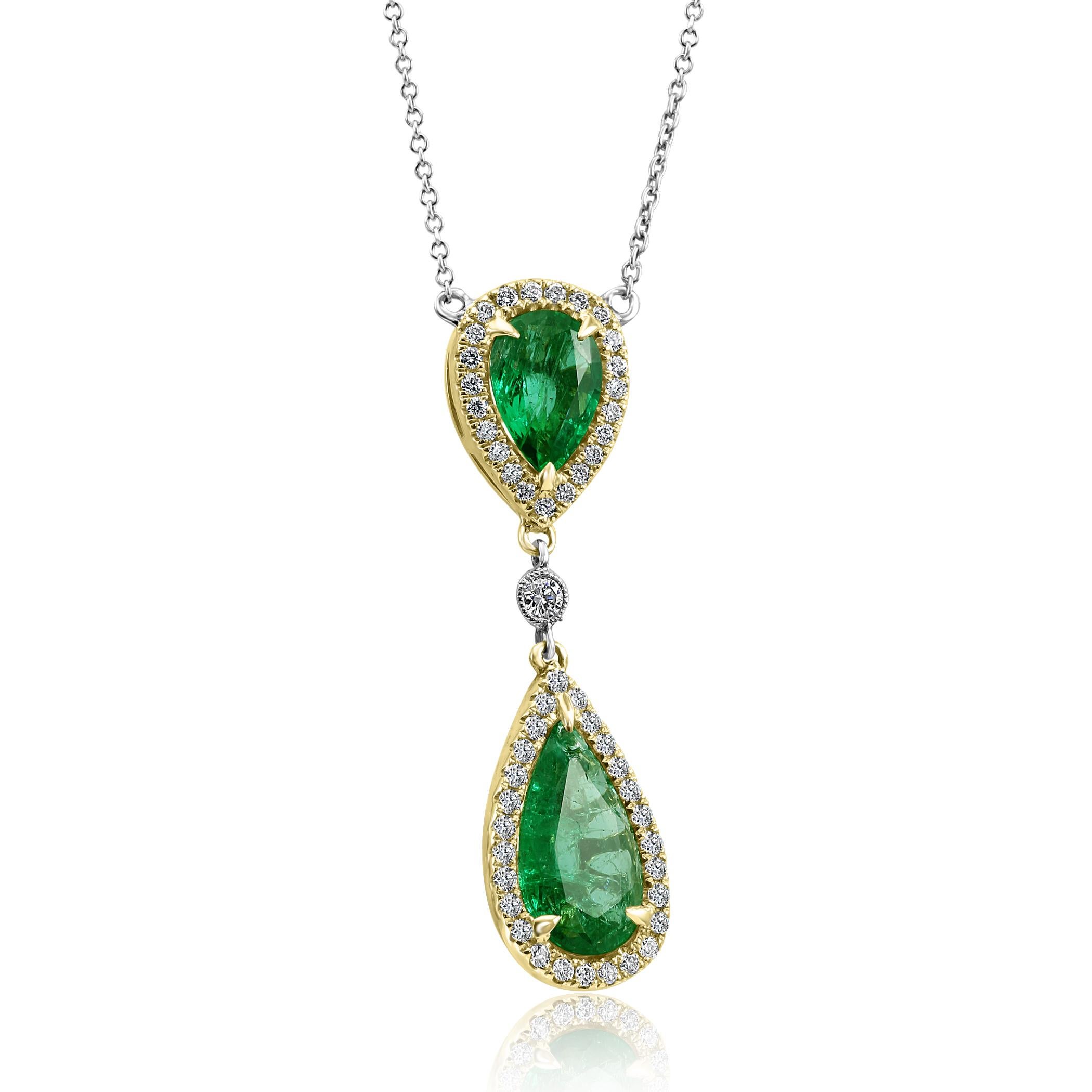 Contemporary Emerald Pear Diamond Halo Two-Color Gold Drop Pendant Diamond by Yard Necklace