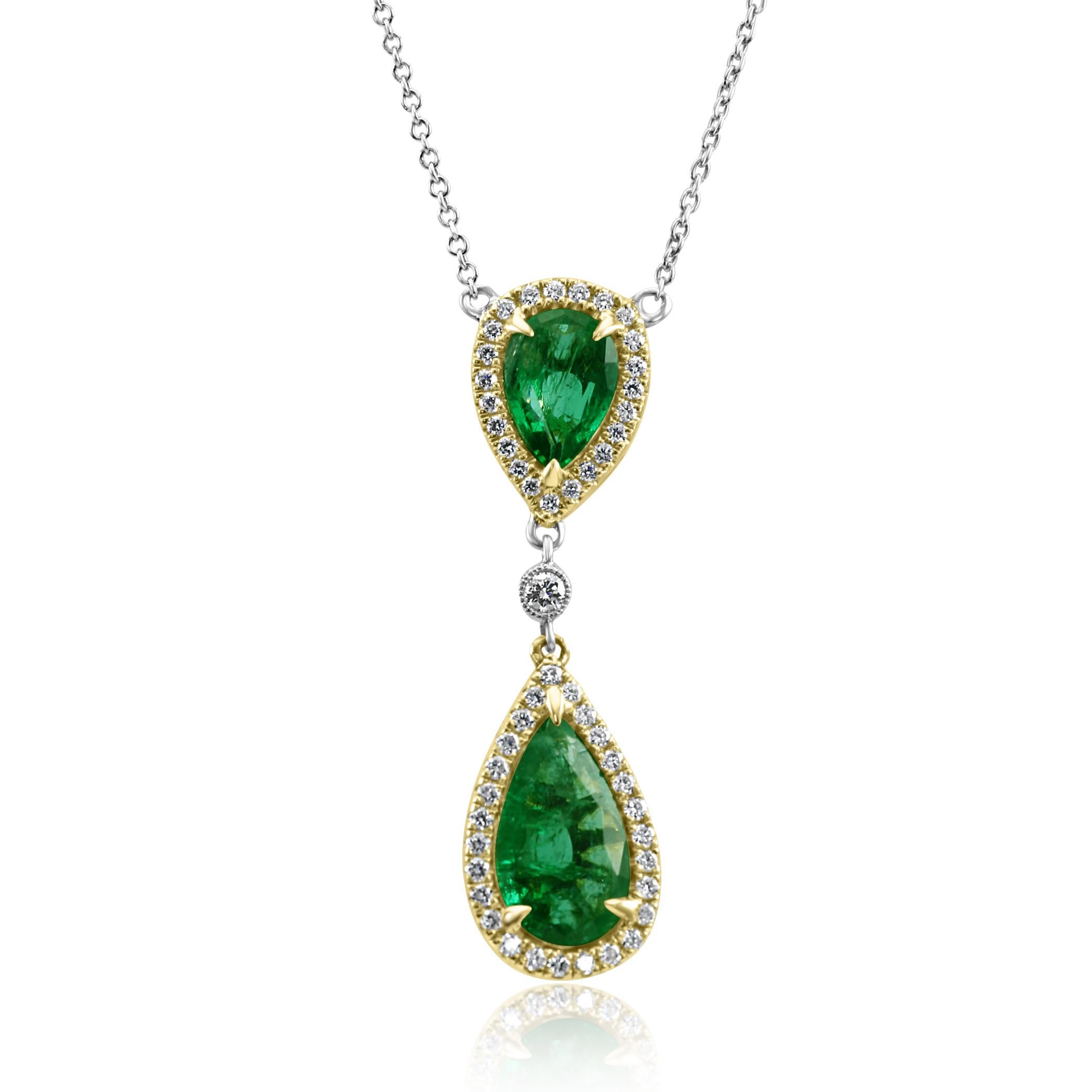 Emerald Cut Emerald Pear Diamond Halo Two-Color Gold Drop Pendant Diamond by Yard Necklace