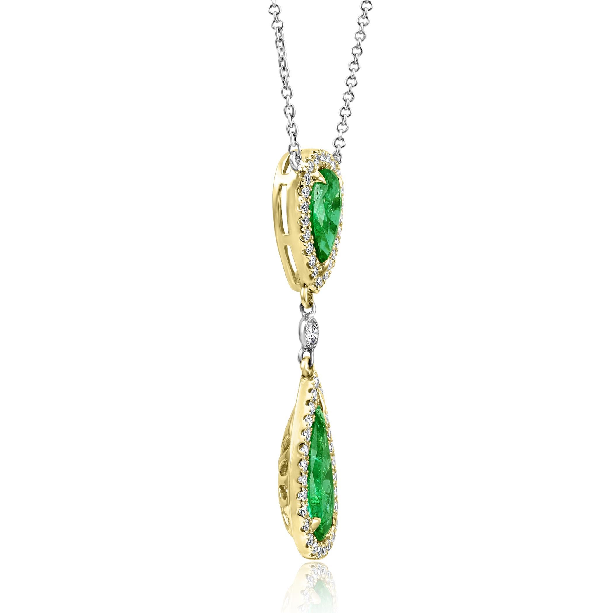 Emerald Pear Diamond Halo Two-Color Gold Drop Pendant Diamond by Yard Necklace In New Condition In NEW YORK, NY