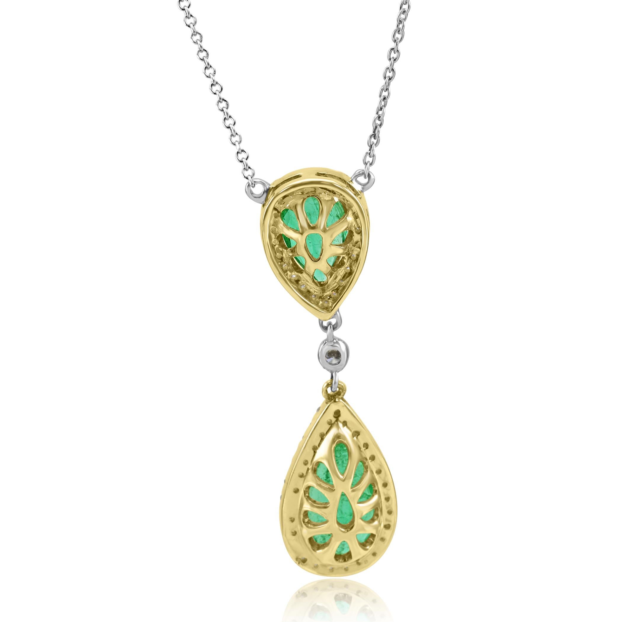 Women's or Men's Emerald Pear Diamond Halo Two-Color Gold Drop Pendant Diamond by Yard Necklace