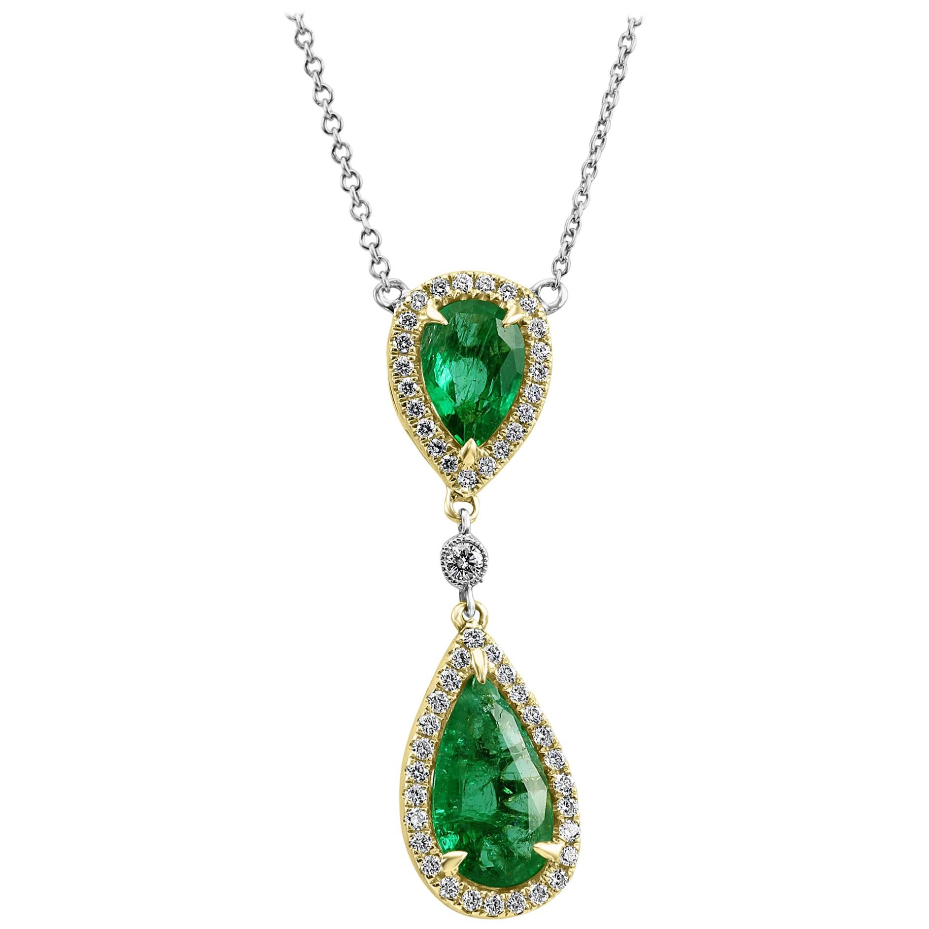 Emerald Pear Diamond Halo Two-Color Gold Drop Pendant Diamond by Yard Necklace