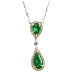 Emerald Pear Diamond Halo Two-Color Gold Drop Pendant Diamond by Yard Necklace