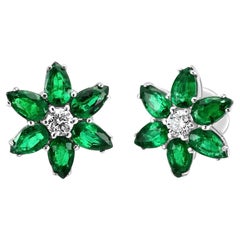Emerald Pear Diamond Round "Flower" 18 Karat Gold Fashion Stud Earrings