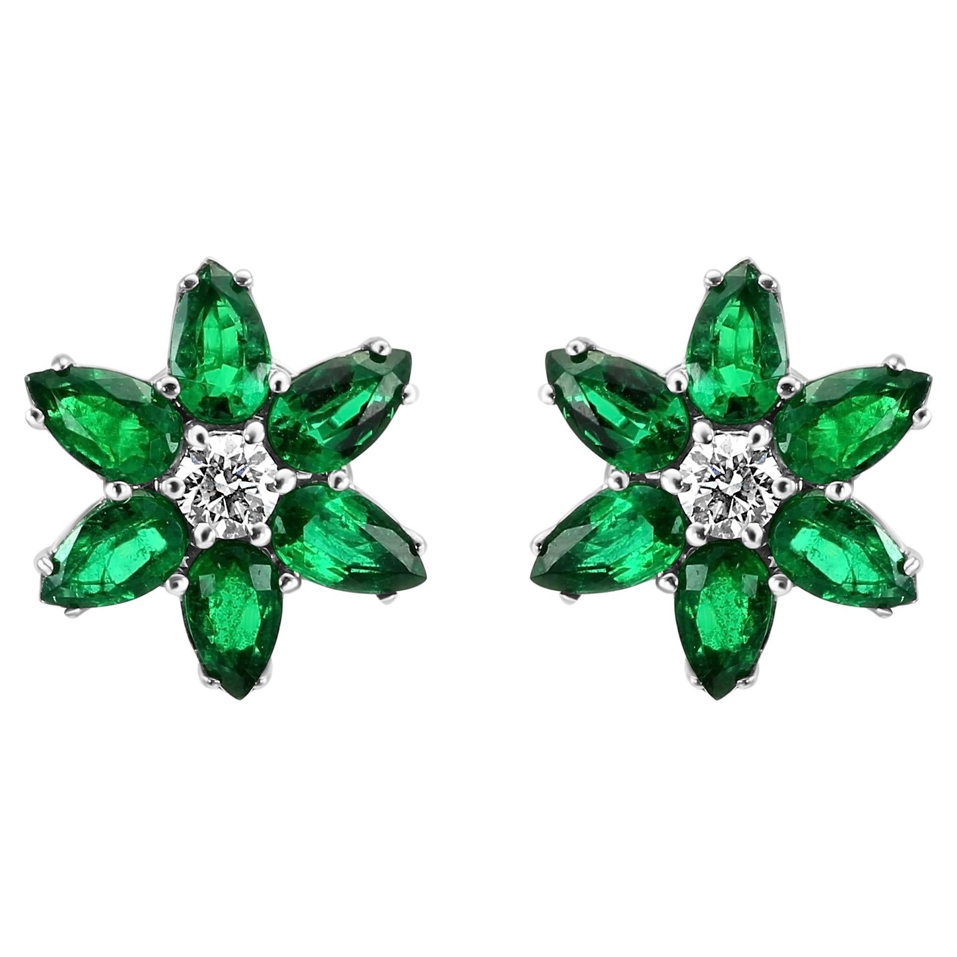 Emerald Pear Diamond Round "Flower" Shape White Gold Fashion Stud Earrings      For Sale