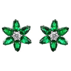 Emerald Pear Diamond Round "Flower" Shape White Gold Fashion Stud Earrings     