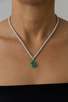 Emerald Pear Drop Necklace 13.85 Carat Diamond Tennis Chain 14k White Gold