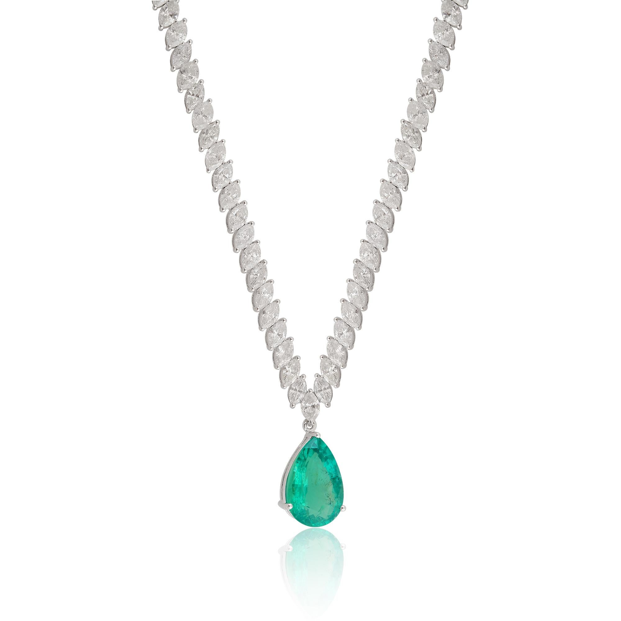Pear Cut Emerald Pear Drop Necklace 13.85 Carat Diamond Tennis Chain 14k White Gold For Sale