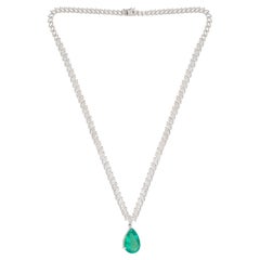 Emerald Pear Drop Necklace 13.85 Carat Diamond Tennis Chain 18k White Gold