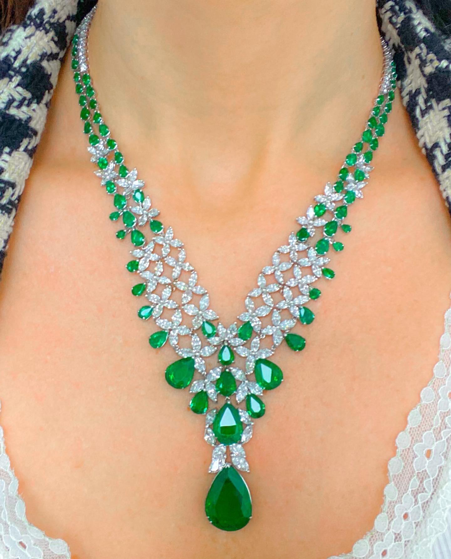 Contemporary Emerald Pear Necklace 46.67 CT For Sale