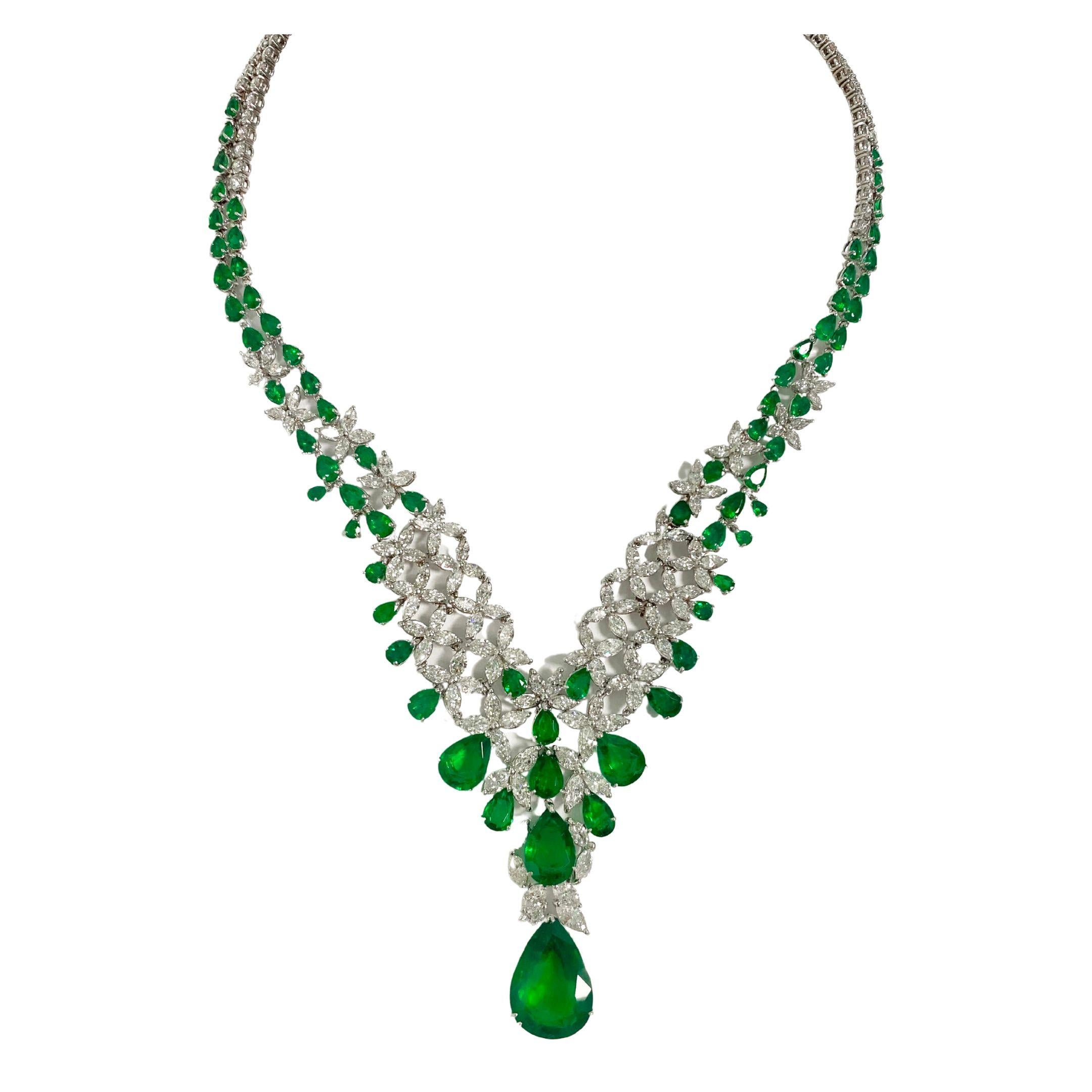Pear Cut Emerald Pear Necklace 46.67 CT For Sale