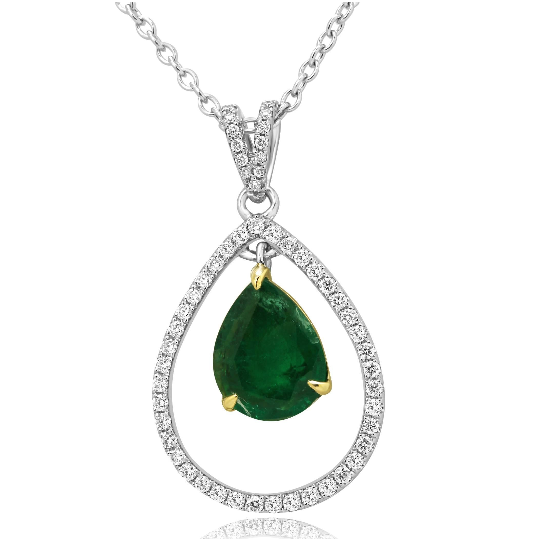 Contemporary Emerald Pear Round White Diamond Round Halo Two-Color Gold Dangle Drop Earrings