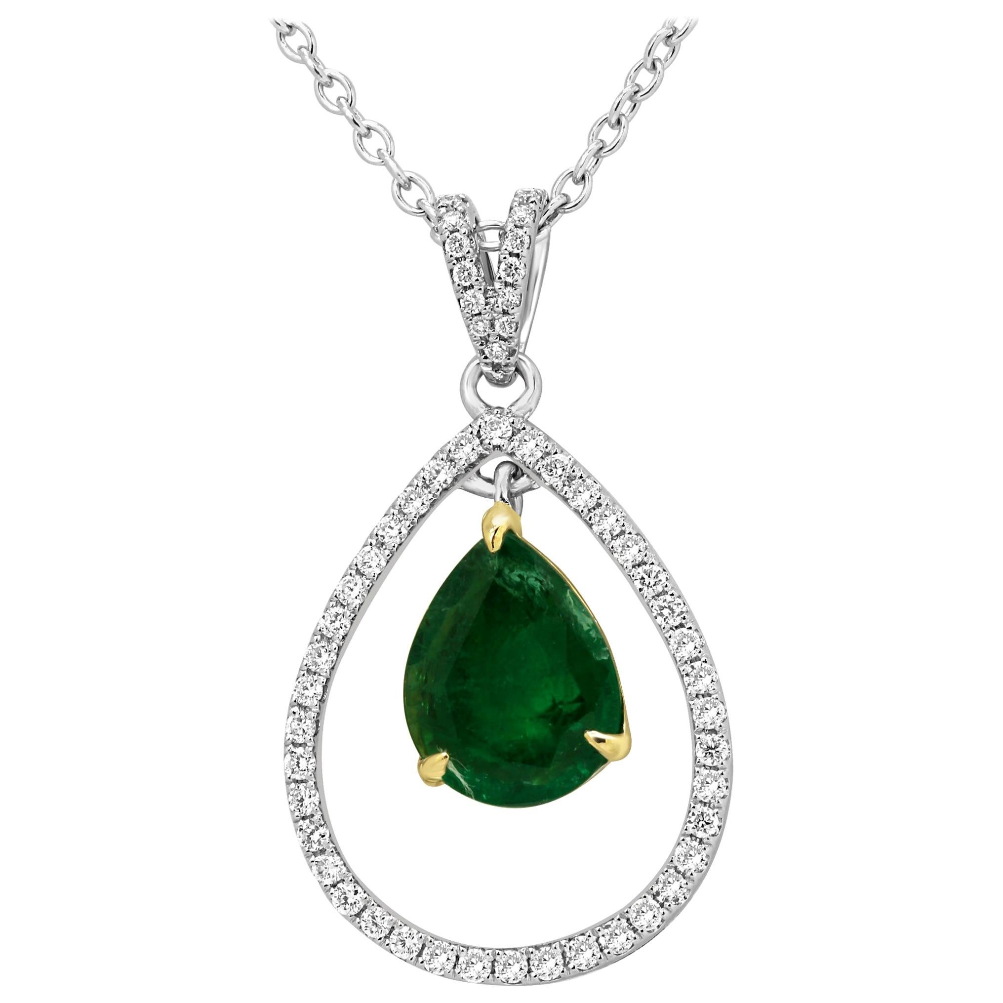 Emerald Pear Round White Diamond Round Halo Two-Color Gold Dangle Drop Earrings