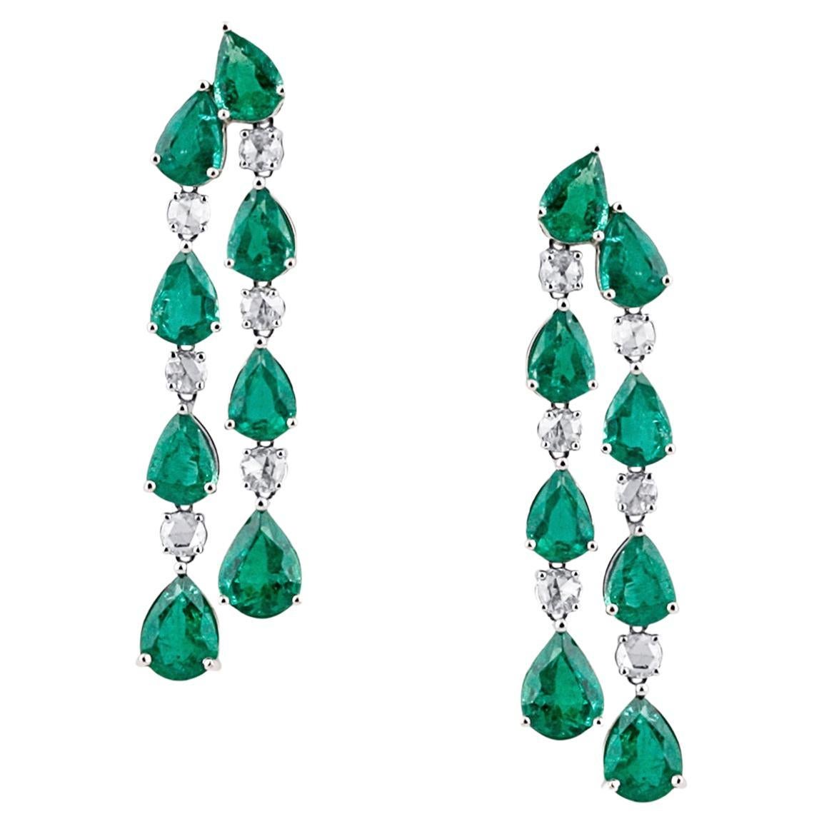 Emerald Pear Shape and Diamond Dangle Earring in 18k White Gold For Sale
