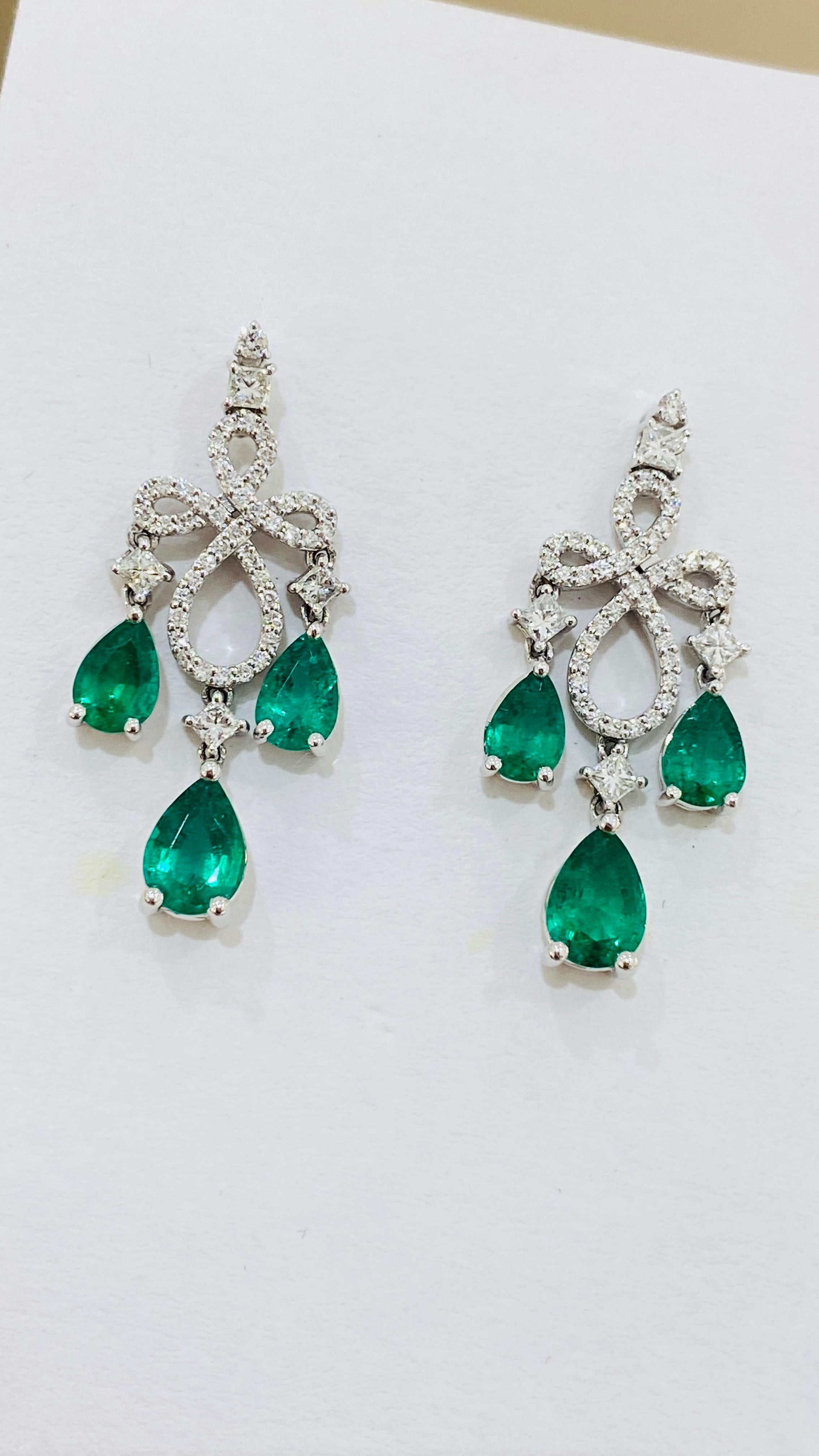 Pear Cut Emerald Pear Shape and Diamond Earring in 18K White Gold For Sale