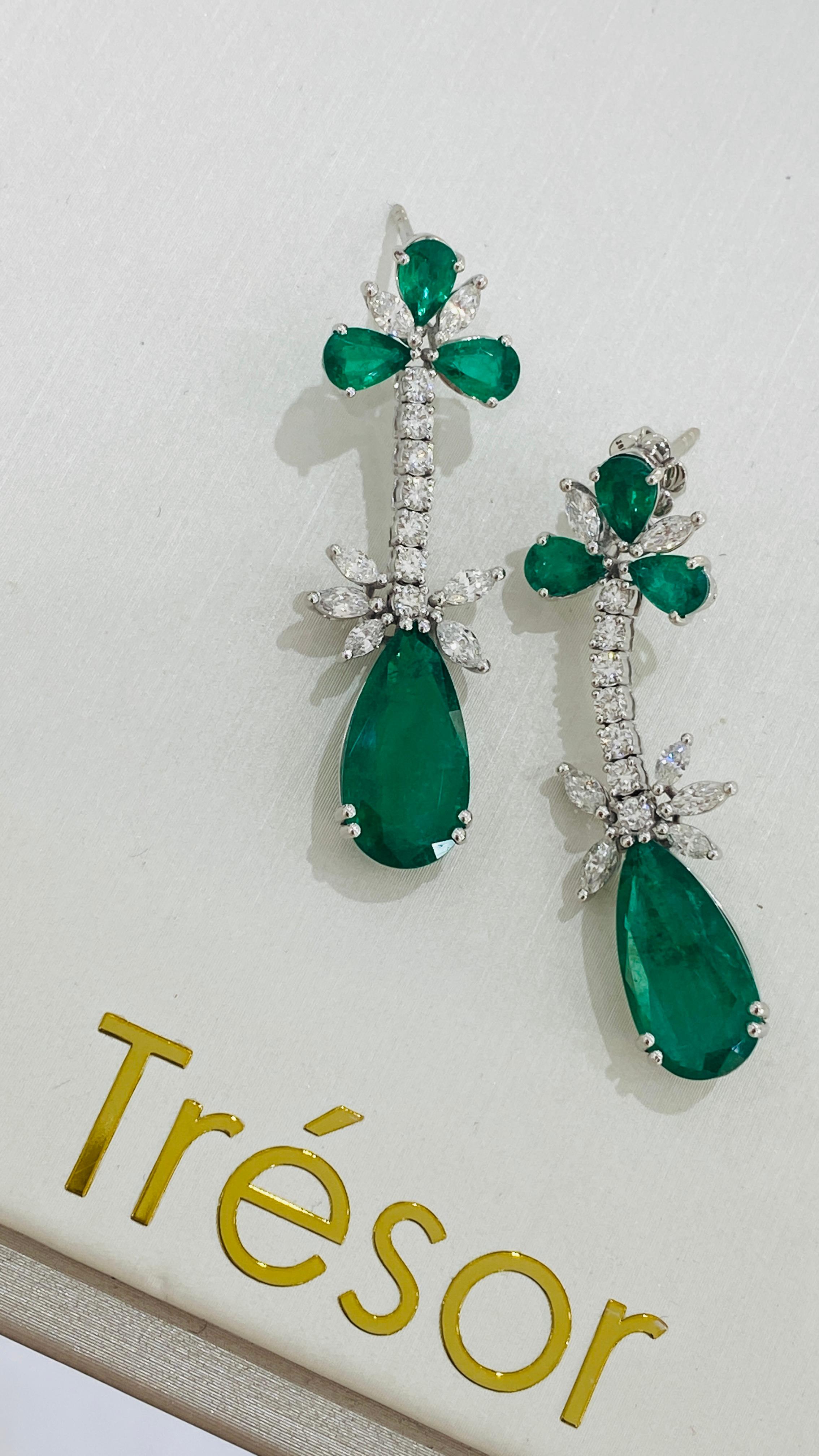 Pear Cut Emerald Pear Shape and Diamond Marquise & Round Dangle Earring in 18K White Gold For Sale