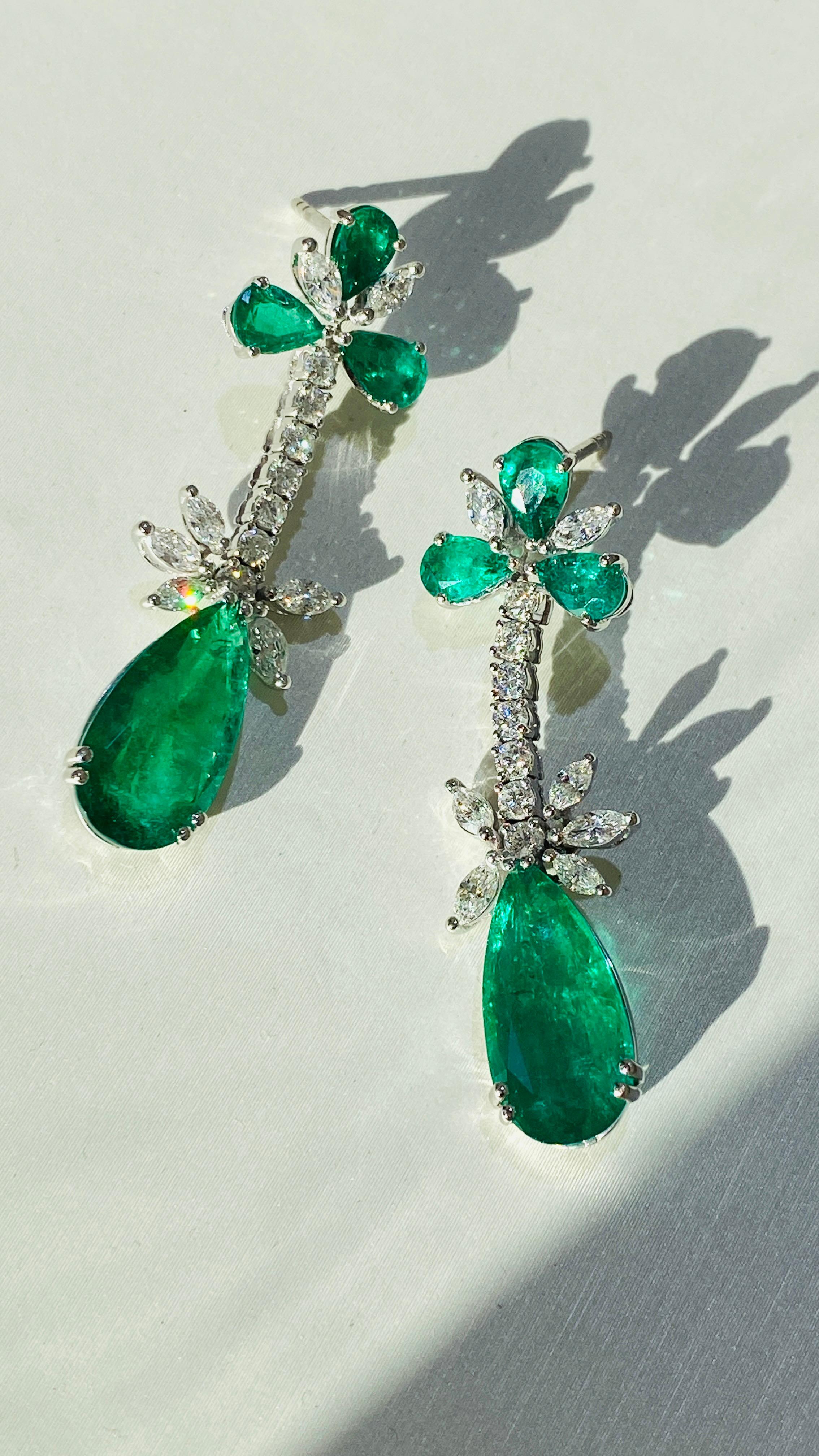 Women's Emerald Pear Shape and Diamond Marquise & Round Dangle Earring in 18K White Gold For Sale