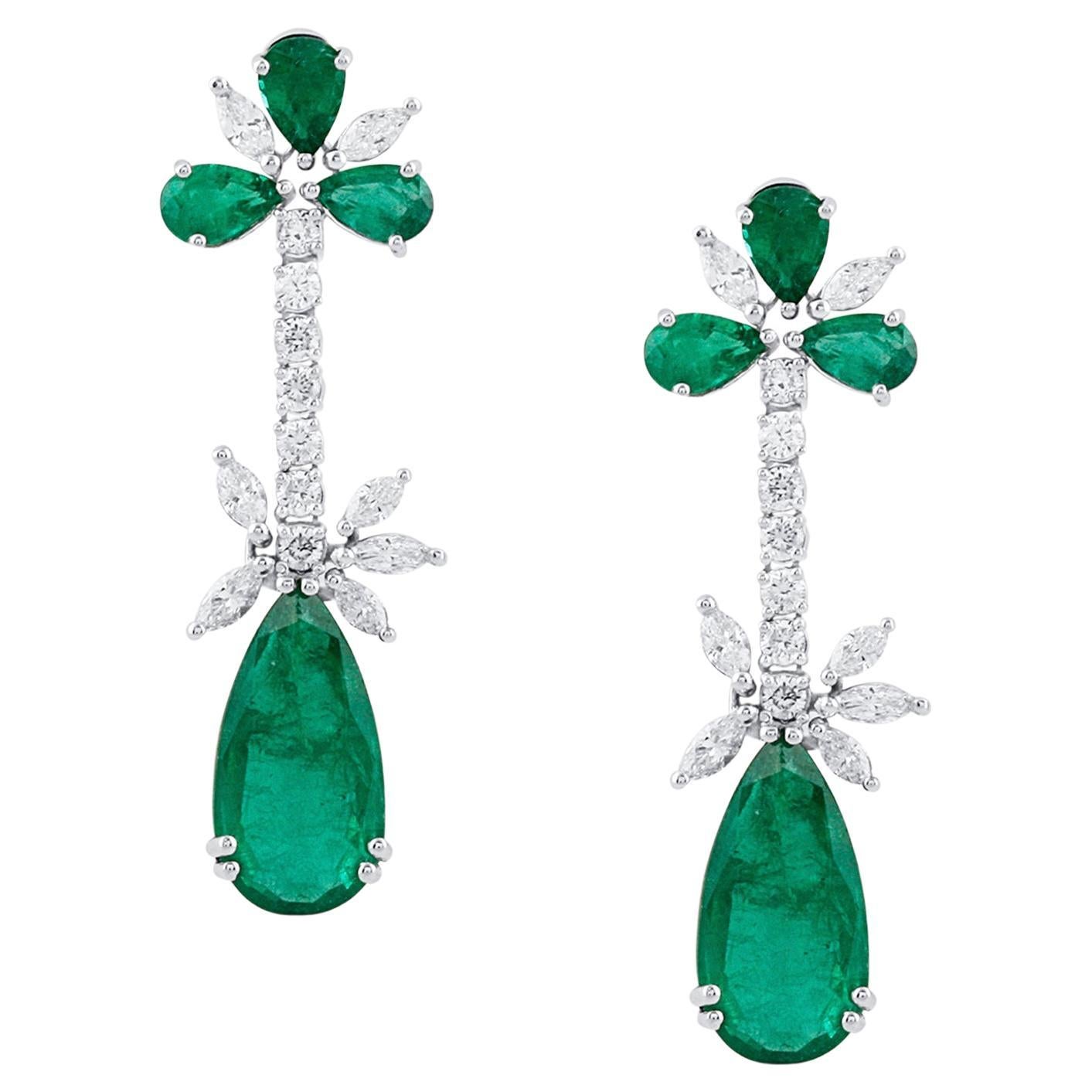 Emerald Pear Shape and Diamond Marquise & Round Dangle Earring in 18K White Gold For Sale