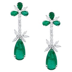 Emerald Pear Shape and Diamond Marquise & Round Dangle Earring in 18K White Gold