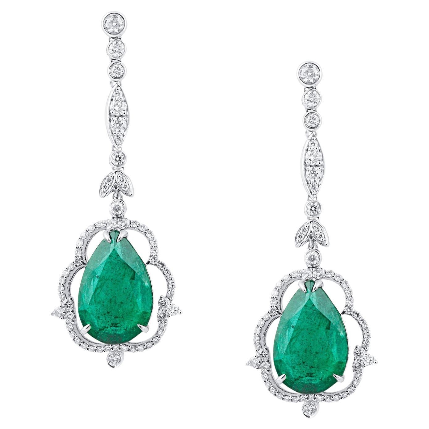 Emerald Pear Shape and Diamond Marquise & Round Dangle Earring in 18K White Gold