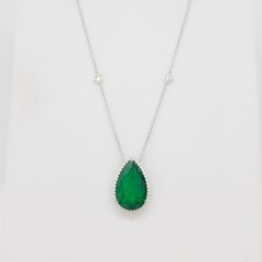 Emerald Pear Shape and Diamond Pendant Necklace in 18k White Gold