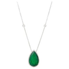 Emerald Pear Shape and Diamond Pendant Necklace in 18k White Gold