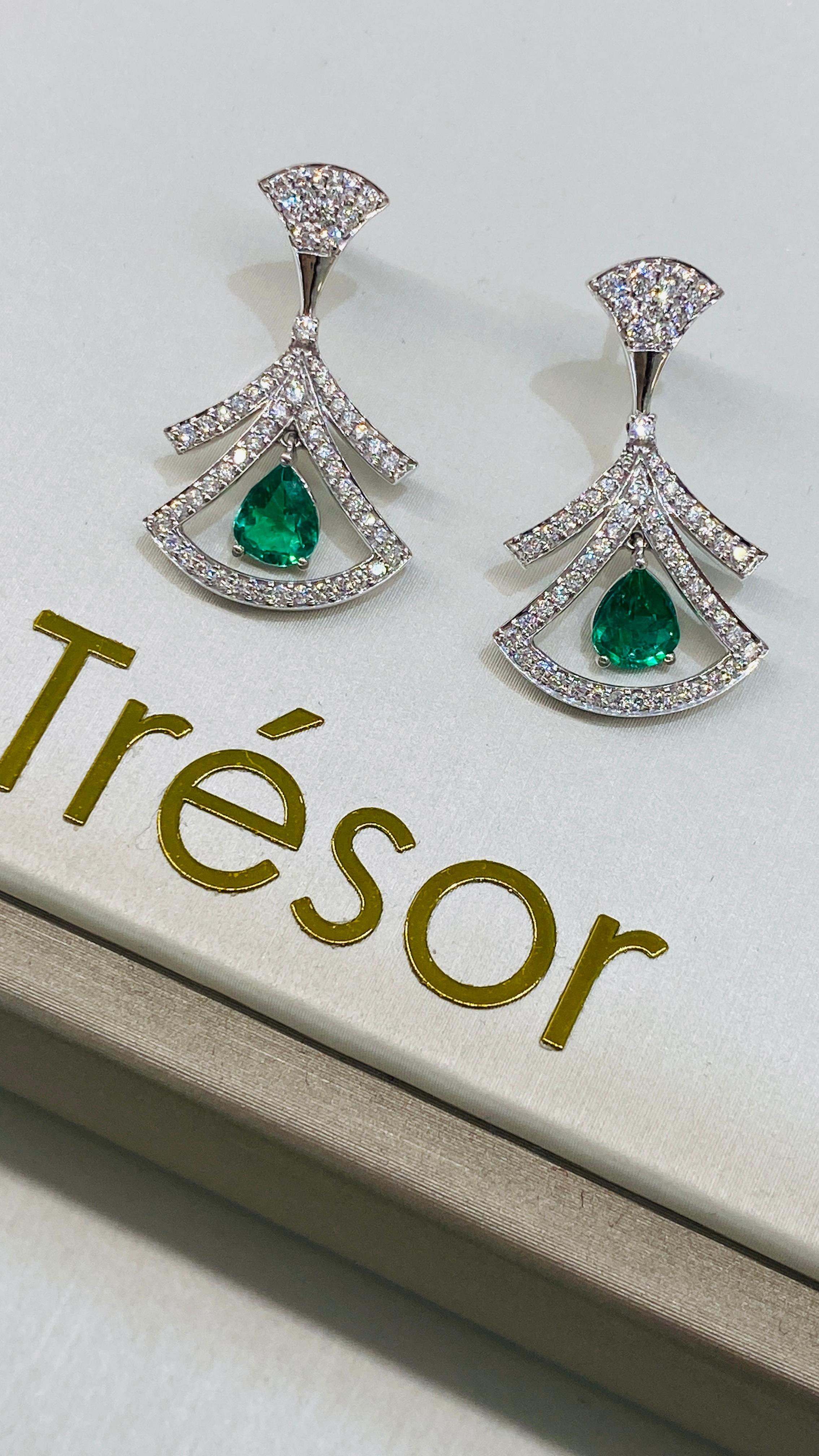 Pear Cut Emerald Pear Shape and Diamond Round Earring in 18K White Gold For Sale