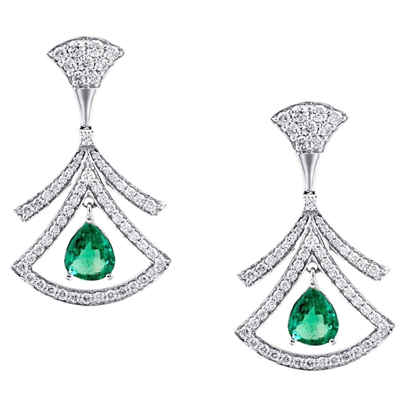 Emerald Pear Shape and Diamond Round Earring in 18K White Gold For Sale