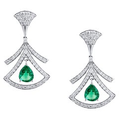 Emerald Pear Shape and Diamond Round Earring in 18K White Gold